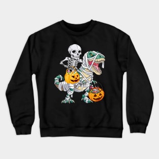 Skeleton Riding Mummy Dinosaur T rex Halloween Kids Boys Men Crewneck Sweatshirt